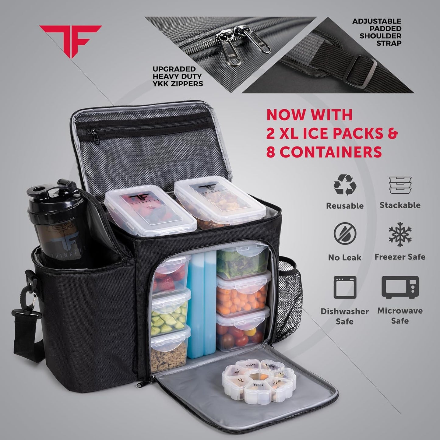 ThinkFit Insulated Meal Prep Lunch Bag for Men, 8 Containers, Large Black